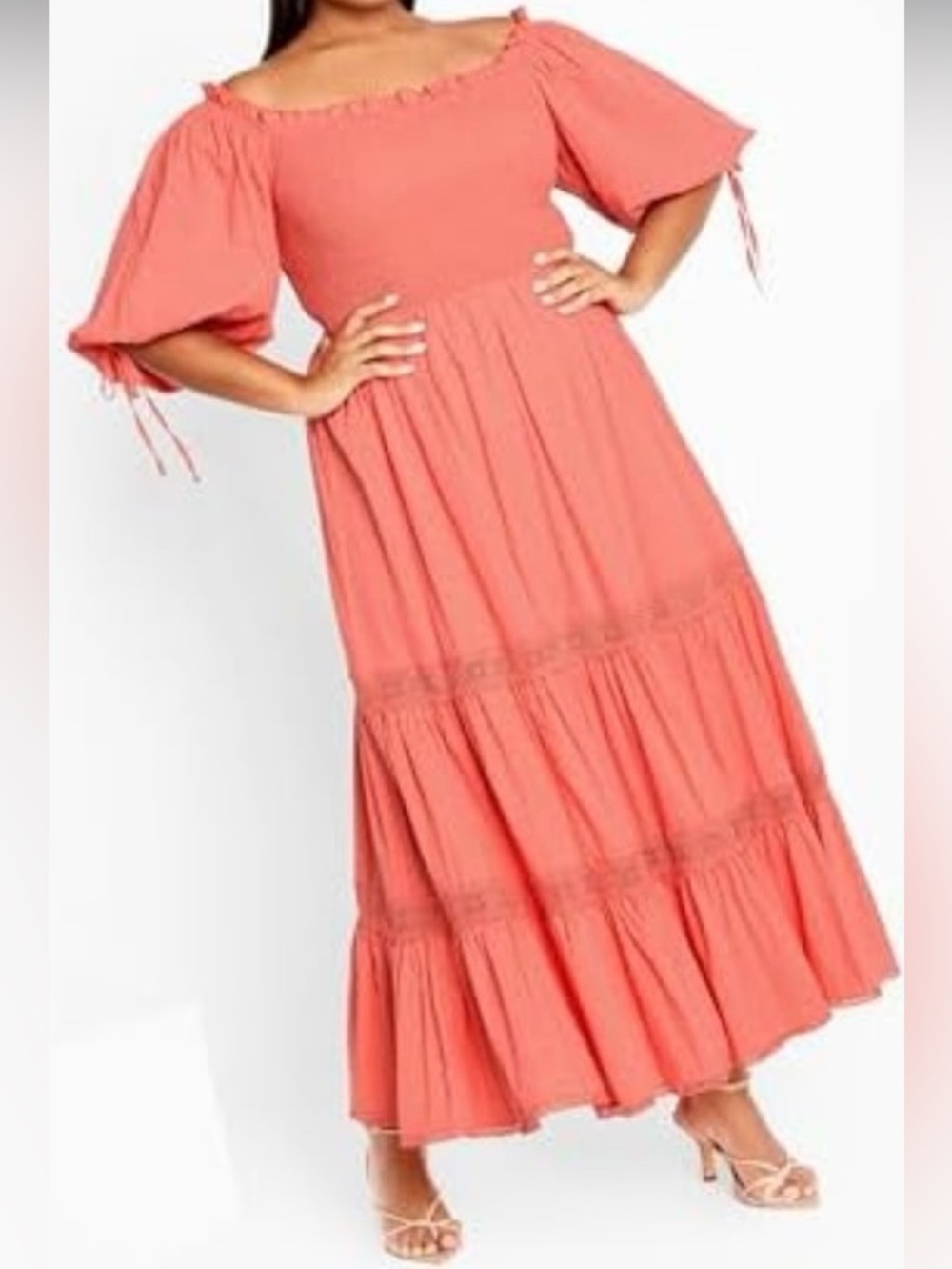 City Chic Coral Off-Shoulder Tiered Maxi Dress